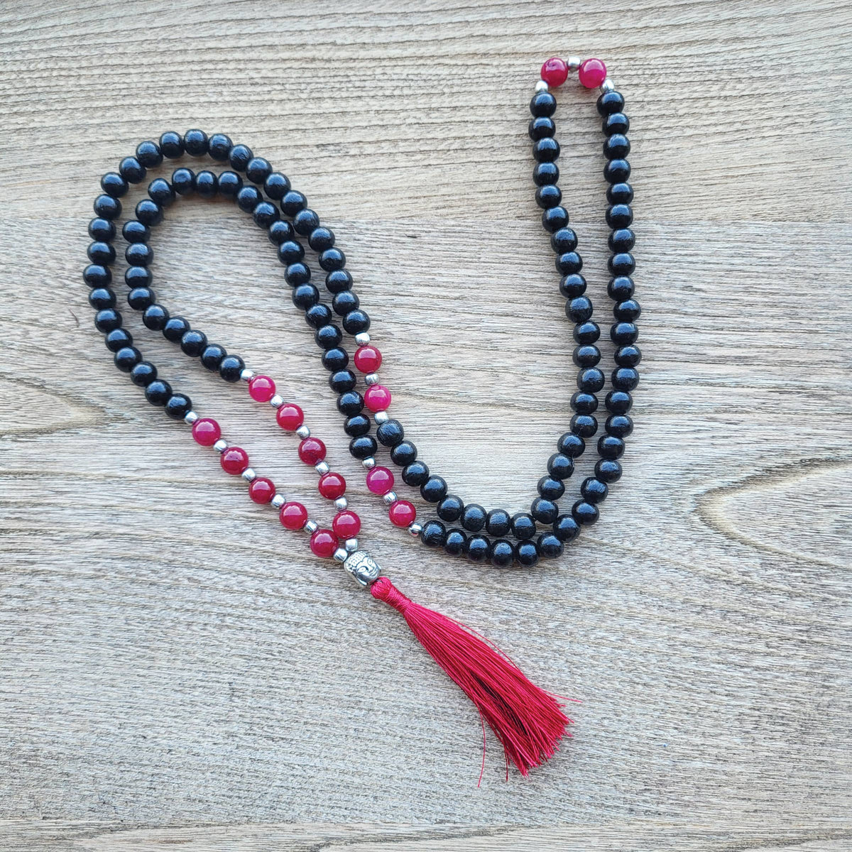 Wooden Beaded Mala Necklace with Onyx