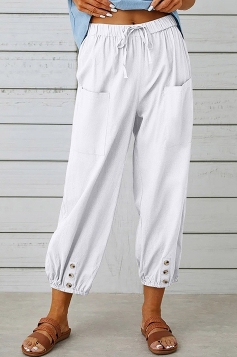 Elastic Waist Buttoned Hem Pockets Joggers