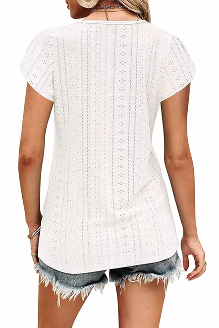 V Neck Punching Lace Tulip Sleeve Tee
