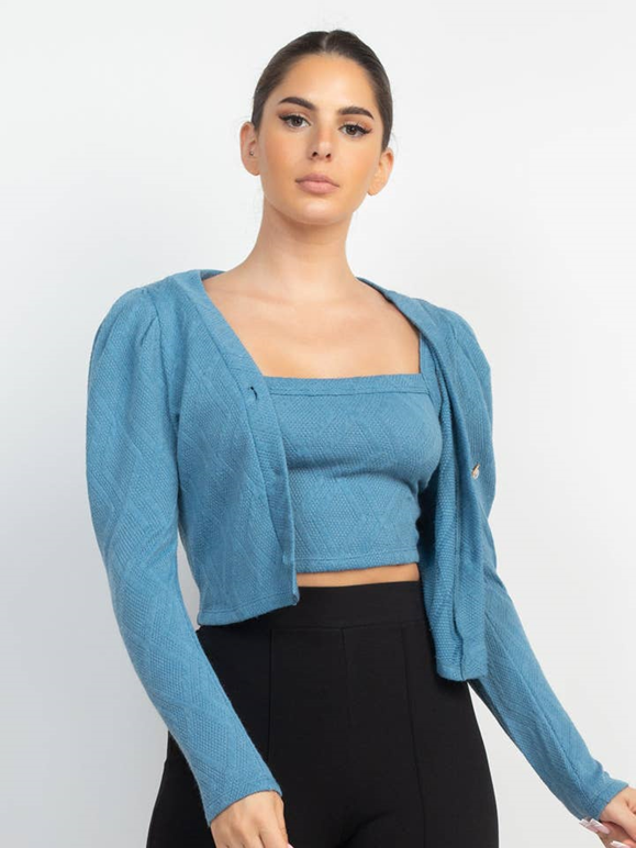 Geometric Cami Puff Sleeves Blazer Top Set