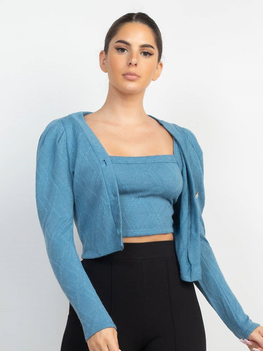 Geometric Cami Puff Sleeves Blazer Top Set