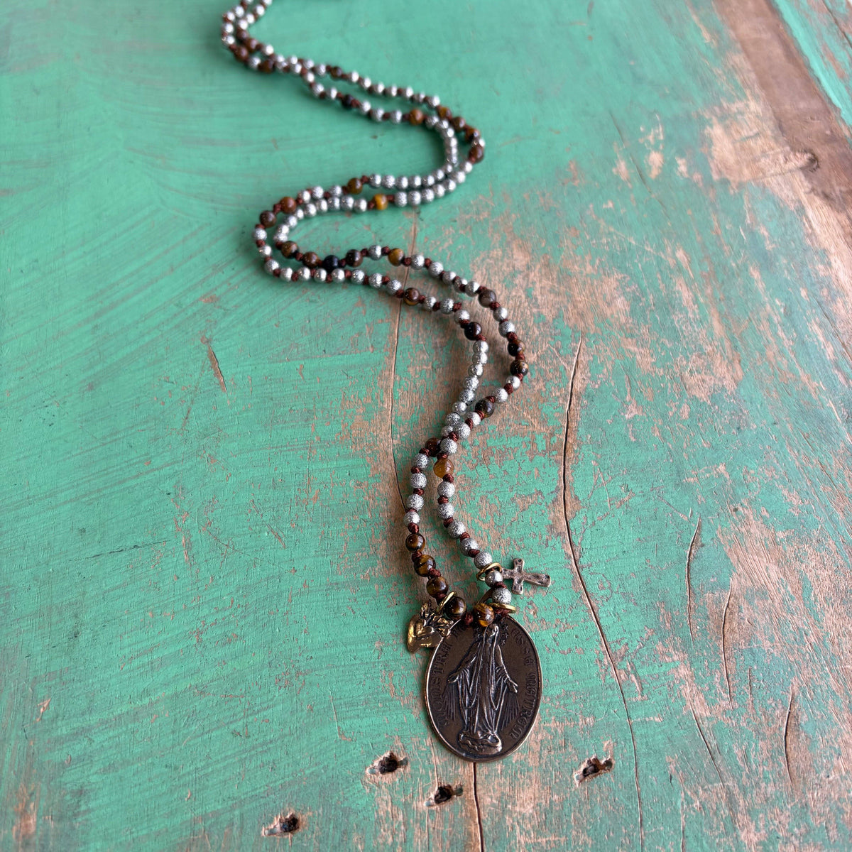 3 Medal Knotted Tiger Eye and Silver Beaded Necklace