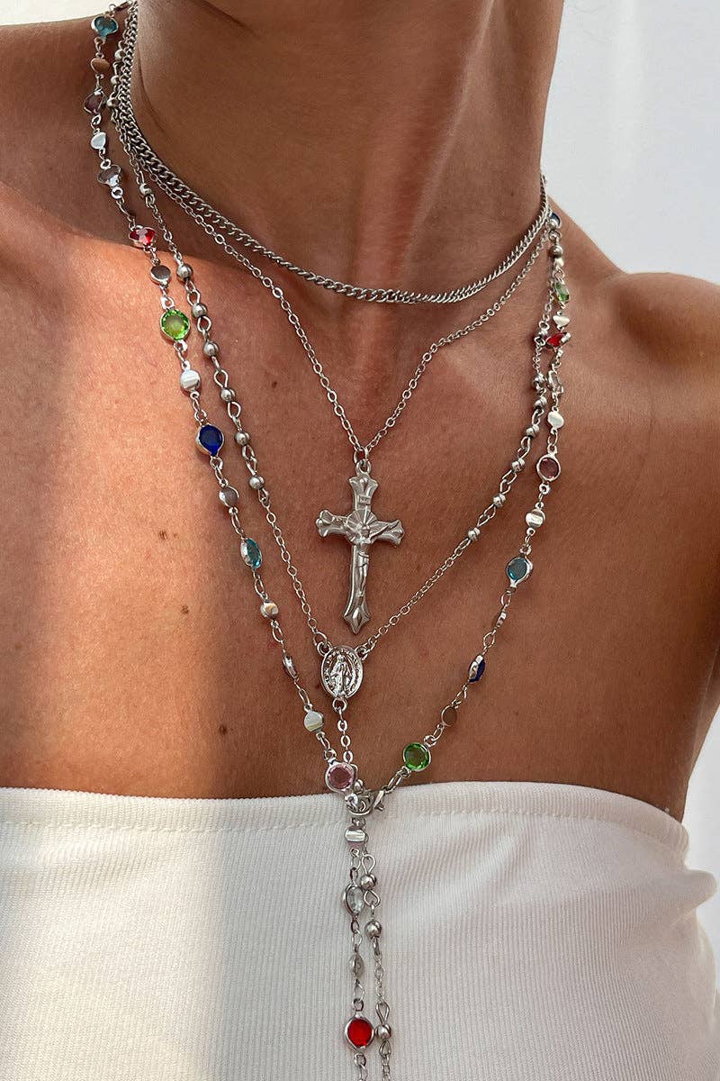 Layered Cross Pendant Necklace, multicolor